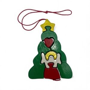 Vintage Wood Puzzle ornament 3" Christmas tree Heart Star Angel signed 1996